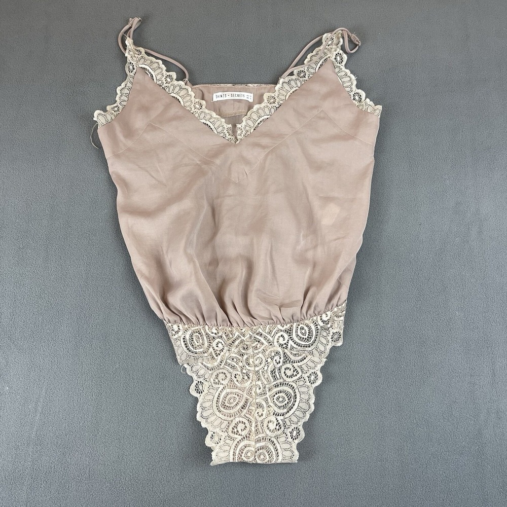 Saint + Secrets Light Pink Lace Bodysuit Blouse Women Size Small Sexy Silky